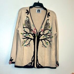 Vintage Storybook Knits Owl Tree Rose Knit Cardigan Sweater Large